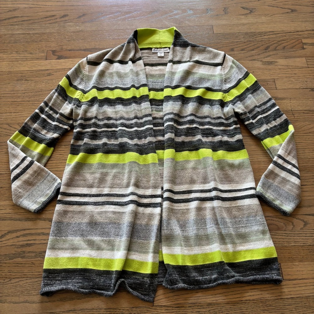 Coldwater Creek Womens L 14 Striped Open Front Cardigan Lime Green Grey Neutral